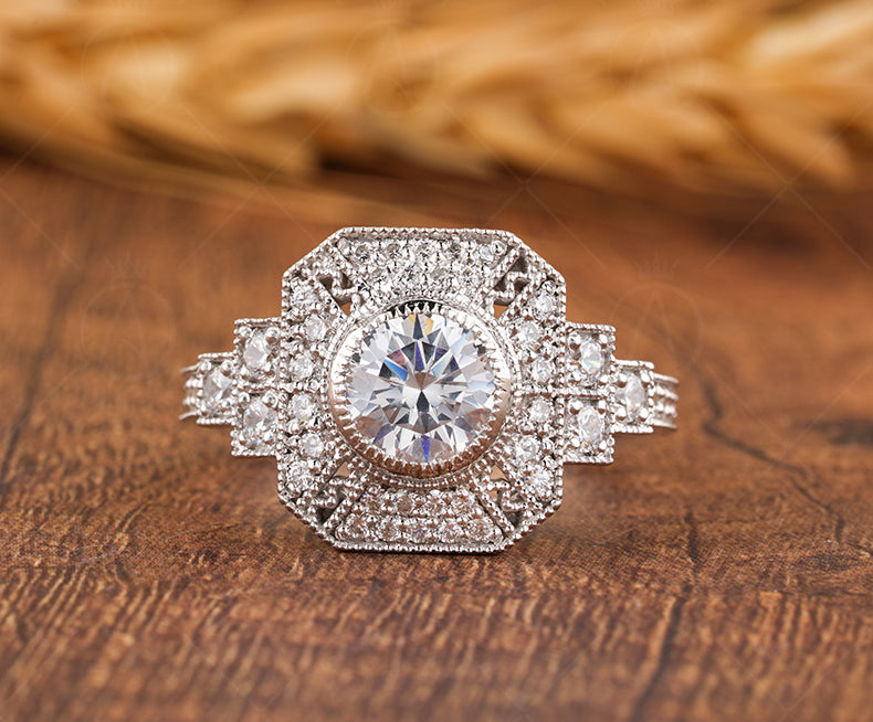 Milgrain Bezel Set Round Ring, Art Deco Moissanite Ring, Vintage Inspired Engagement Ring, Antique Style Ring For Women, Gold Estate Jewelry