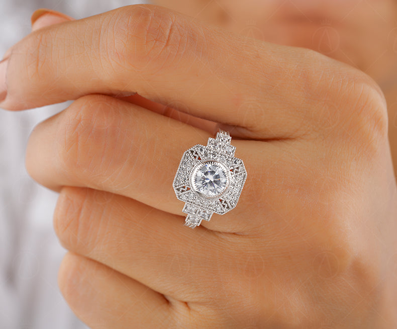 Milgrain Bezel Set Round Ring, Art Deco Moissanite Ring, Vintage Inspired Engagement Ring, Antique Style Ring For Women, Gold Estate Jewelry