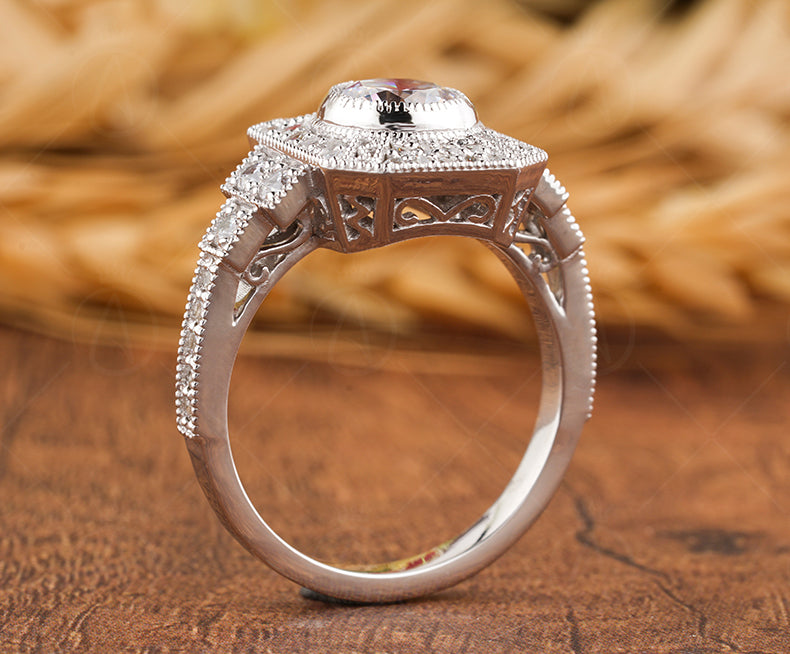 Milgrain Bezel Set Round Ring, Art Deco Moissanite Ring, Vintage Inspired Engagement Ring, Antique Style Ring For Women, Gold Estate Jewelry