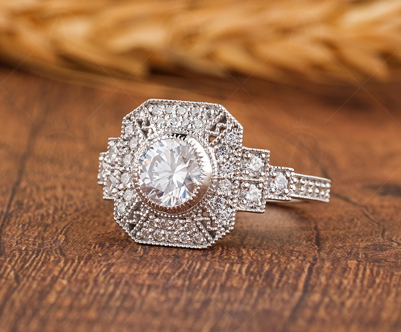Milgrain Bezel Set Round Ring, Art Deco Moissanite Ring, Vintage Inspired Engagement Ring, Antique Style Ring For Women, Gold Estate Jewelry