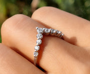 Chic Chevron Ring - V-Shape Round Colorless Moissanite Curved Wedding Band - Silver and White Gold Dainty Promise Ring - Perfect Anniversary Gift