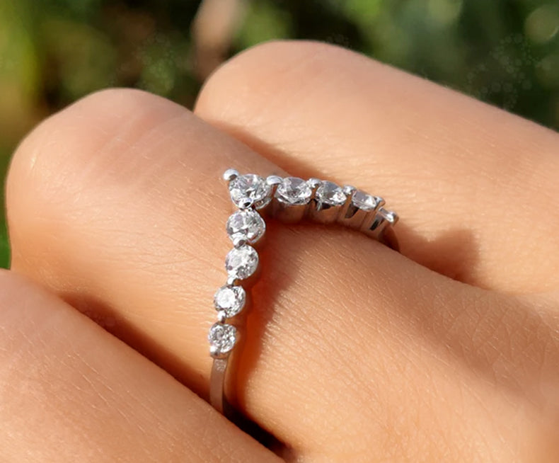 Chic Chevron Ring - V-Shape Round Colorless Moissanite Curved Wedding Band - Silver and White Gold Dainty Promise Ring - Perfect Anniversary Gift