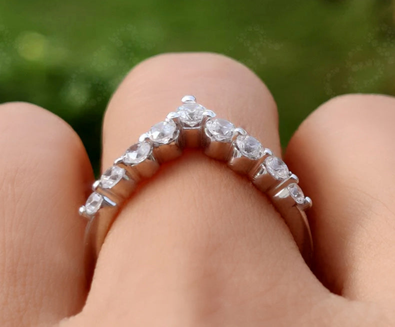 Chic Chevron Ring - V-Shape Round Colorless Moissanite Curved Wedding Band - Silver and White Gold Dainty Promise Ring - Perfect Anniversary Gift