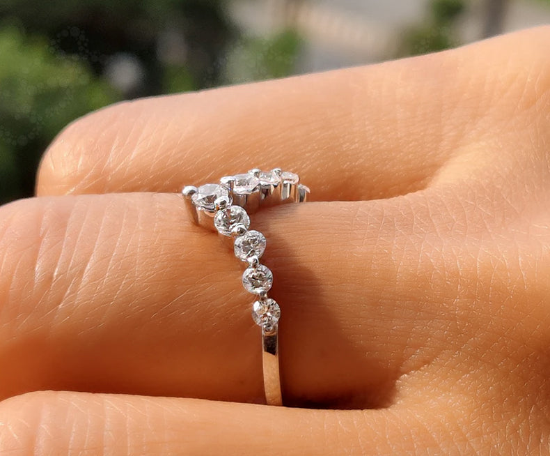 Chic Chevron Ring - V-Shape Round Colorless Moissanite Curved Wedding Band - Silver and White Gold Dainty Promise Ring - Perfect Anniversary Gift