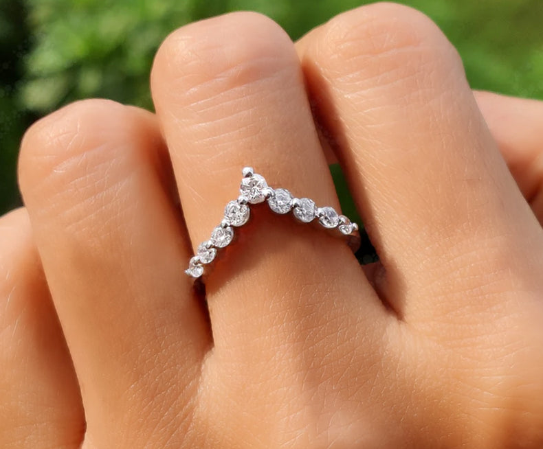 Chic Chevron Ring - V-Shape Round Colorless Moissanite Curved Wedding Band - Silver and White Gold Dainty Promise Ring - Perfect Anniversary Gift