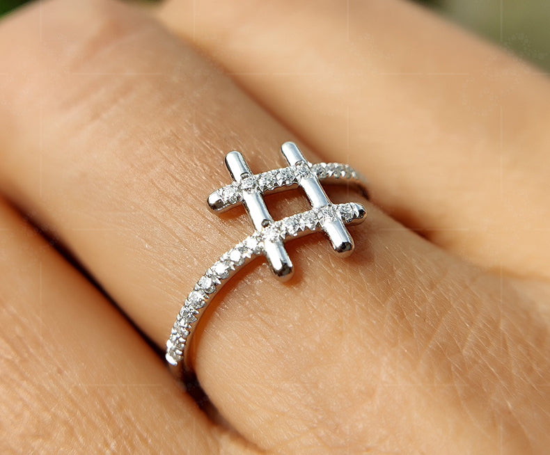 Chic Hashtag Sign Ring - Special Symbol Minimalist Beauty with Unique Pave Moissanite - Ideal Dainty Anniversary and Everyday Ring