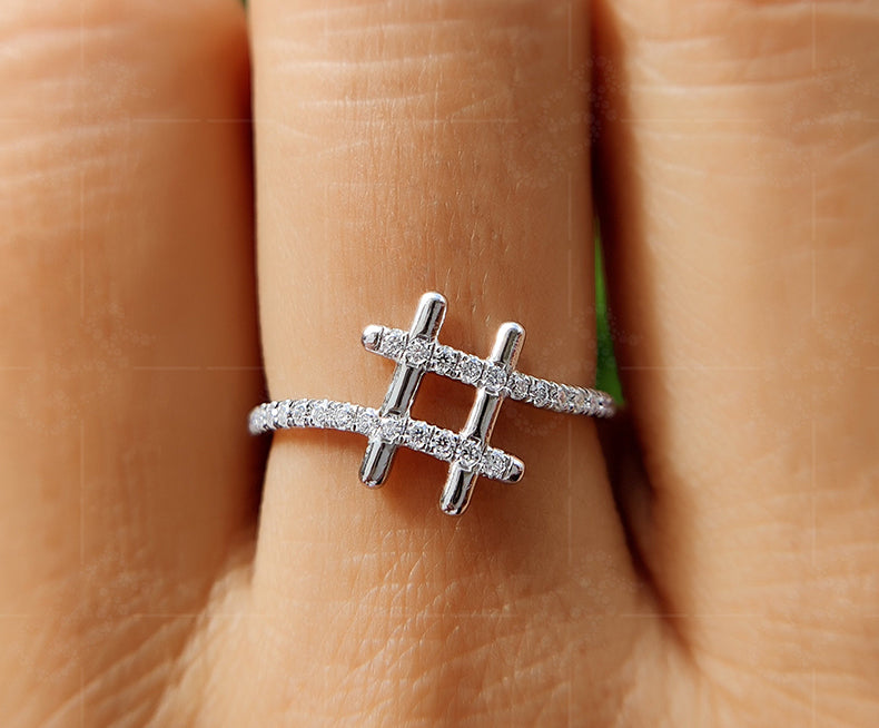 Chic Hashtag Sign Ring - Special Symbol Minimalist Beauty with Unique Pave Moissanite - Ideal Dainty Anniversary and Everyday Ring