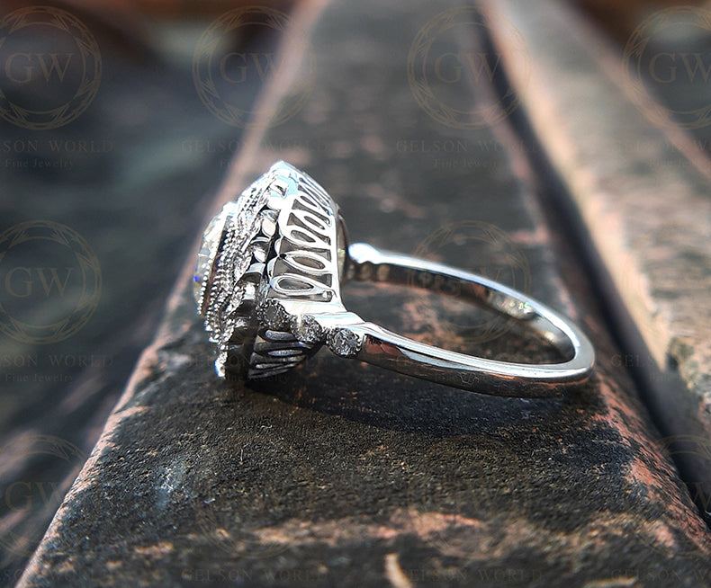 1.40 Ct Round Cut Moissanite Halo vintage engagement rings, sterling silver, antique wedding ring for women, Estate Ring