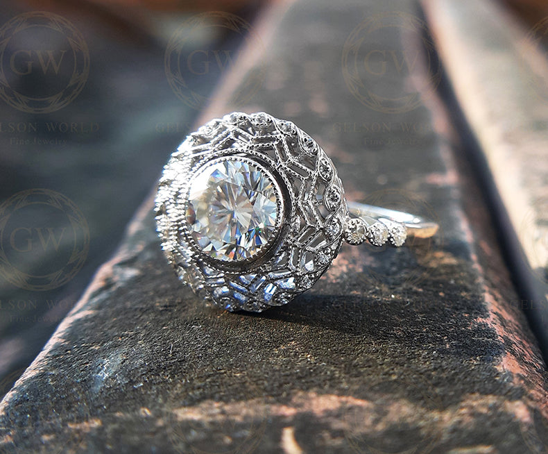 1.40 Ct Round Cut Moissanite Halo vintage engagement rings, sterling silver, antique wedding ring for women, Estate Ring