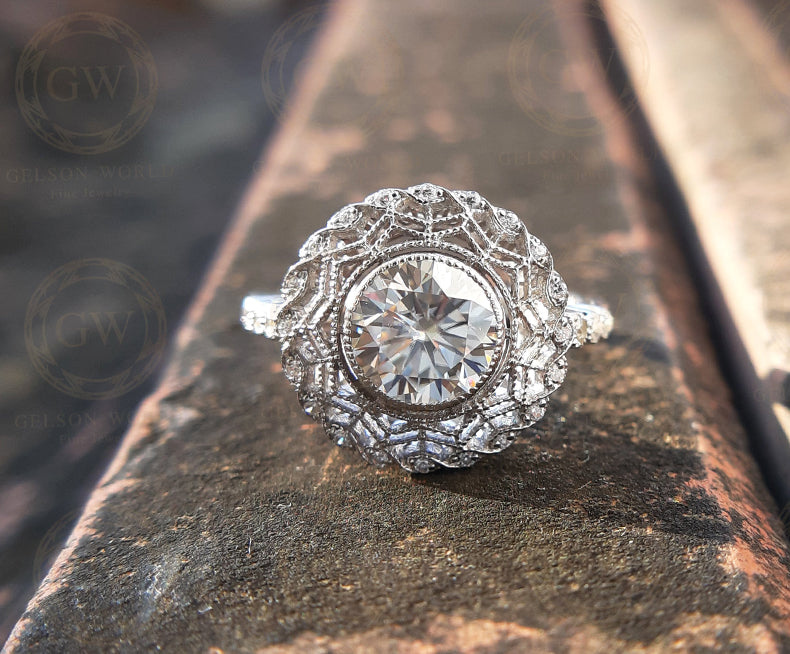 1.40 Ct Round Cut Moissanite Halo vintage engagement rings, sterling silver, antique wedding ring for women, Estate Ring
