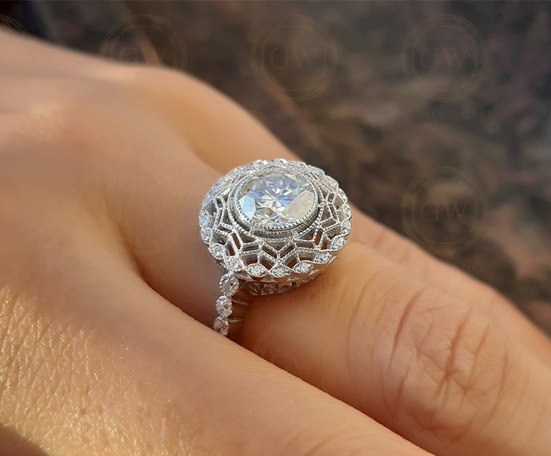 1.40 Ct Round Cut Moissanite Halo vintage engagement rings, sterling silver, antique wedding ring for women, Estate Ring