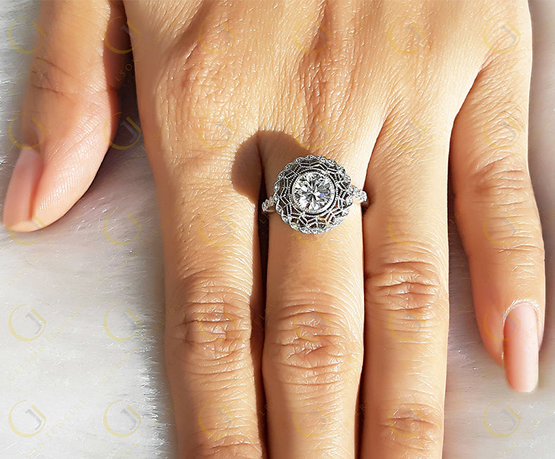 1.40 Ct Round Cut Moissanite Halo vintage engagement rings, sterling silver, antique wedding ring for women, Estate Ring