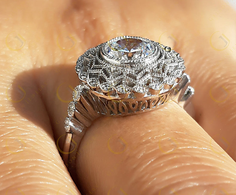 1.40 Ct Round Cut Moissanite Halo vintage engagement rings, sterling silver, antique wedding ring for women, Estate Ring