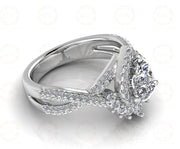 1.50 Ct Pear Cut starburst Halo Engagement Ring, 935 argentium silver Ring, Vintage Floral Twisted Split Shank Wedding Ring For Women