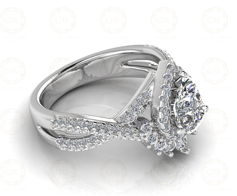 1.50 Ct Pear Cut starburst Halo Engagement Ring, 935 argentium silver Ring, Vintage Floral Twisted Split Shank Wedding Ring For Women