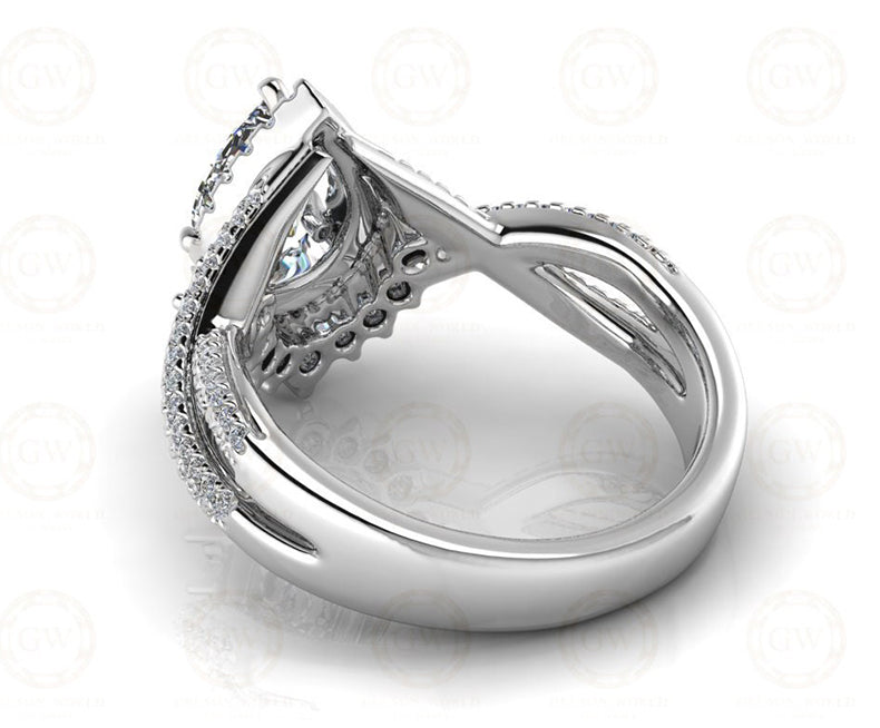 1.50 Ct Pear Cut starburst Halo Engagement Ring, 935 argentium silver Ring, Vintage Floral Twisted Split Shank Wedding Ring For Women