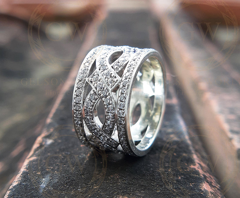 10 mm Wide Vintage Wedding Ring, Round Cut CZ Diamond, Anniversary wedding band in 925 sterling silver for women