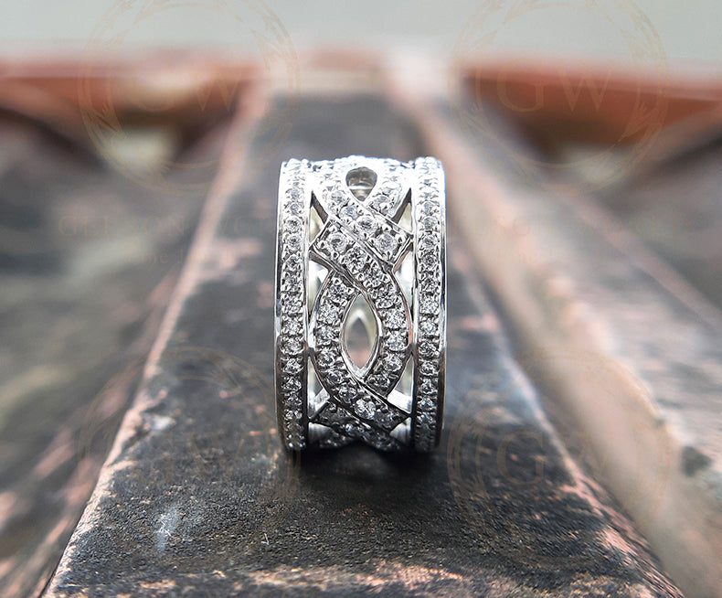 10 mm Wide Vintage Wedding Ring, Round Cut CZ Diamond, Anniversary wedding band in 925 sterling silver for women