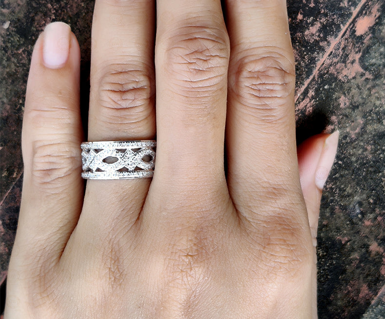 10 mm Wide Vintage Wedding Ring, Round Cut CZ Diamond, Anniversary wedding band in 925 sterling silver for women