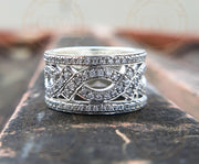 10 mm Wide Vintage Wedding Ring, Round Cut CZ Diamond, Anniversary wedding band in 925 sterling silver for women