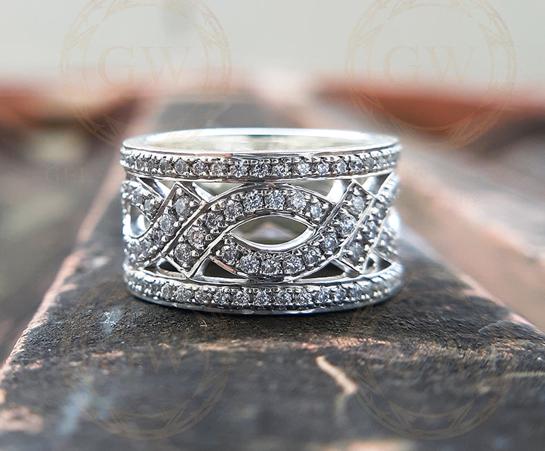 10 mm Wide Vintage Wedding Ring, Round Cut CZ Diamond, Anniversary wedding band in 925 sterling silver for women
