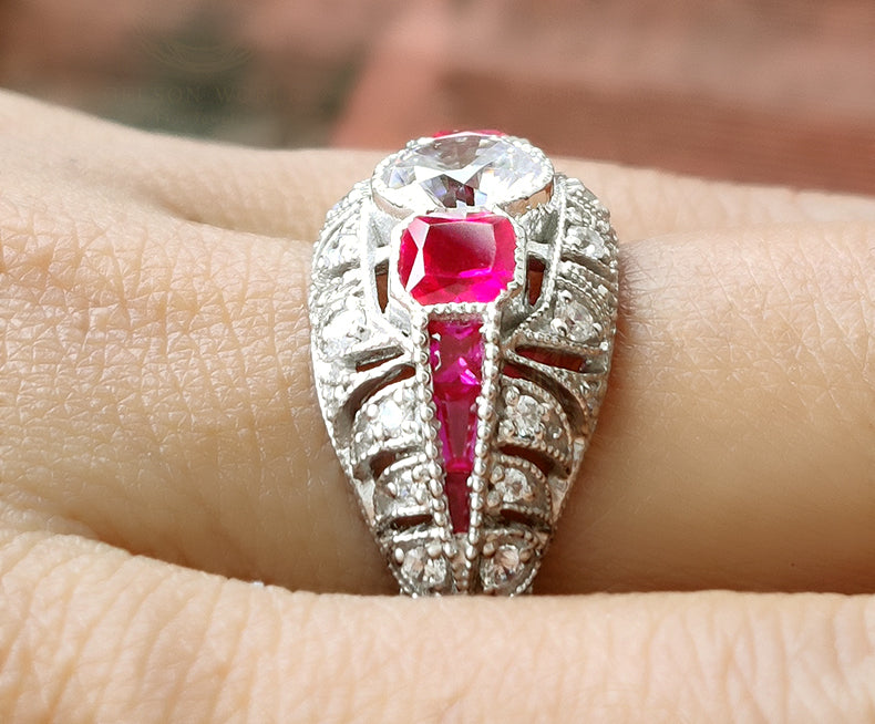 Silverly 925 Silver Red Marquise CZ Ring – Vintage Art Nouveau Statement Ring With Marcasite