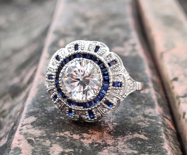 2.75 Ct Round Moissanite vintage Engagement Ring, Gemstone Art Deco Wedding Ring, Antique Sterling silver ring, Estate Women Jewelry