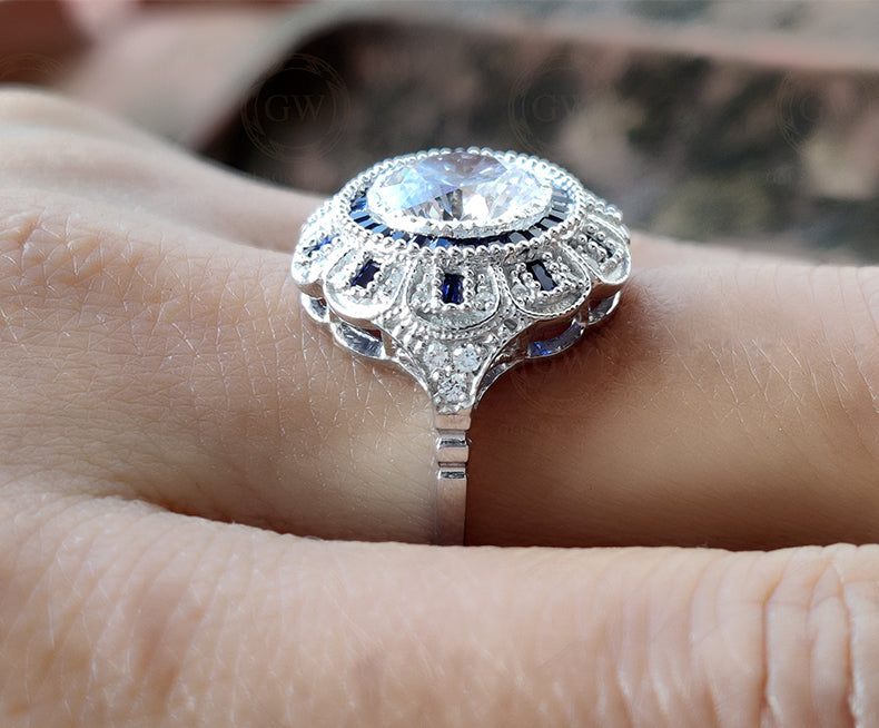 2.75 Ct Round Moissanite vintage Engagement Ring, Gemstone Art Deco Wedding Ring, Antique Sterling silver ring, Estate Women Jewelry