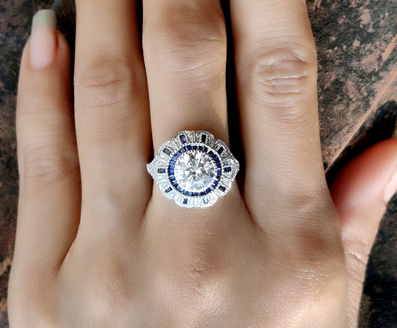 2.75 Ct Round Moissanite vintage Engagement Ring, Gemstone Art Deco Wedding Ring, Antique Sterling silver ring, Estate Women Jewelry