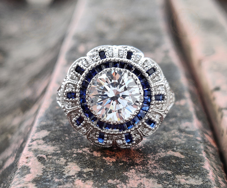 2.75 Ct Round Moissanite vintage Engagement Ring, Gemstone Art Deco Wedding Ring, Antique Sterling silver ring, Estate Women Jewelry