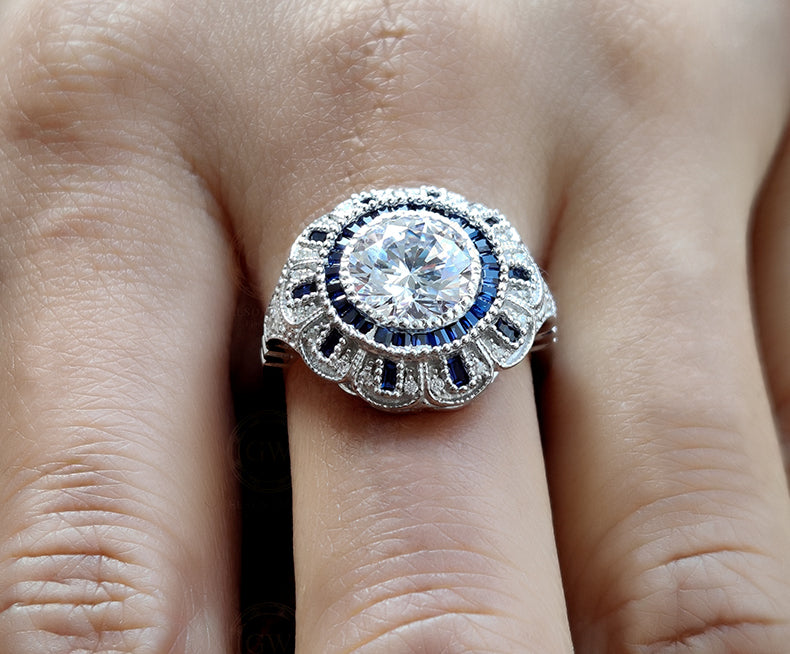 2.75 Ct Round Moissanite vintage Engagement Ring, Gemstone Art Deco Wedding Ring, Antique Sterling silver ring, Estate Women Jewelry