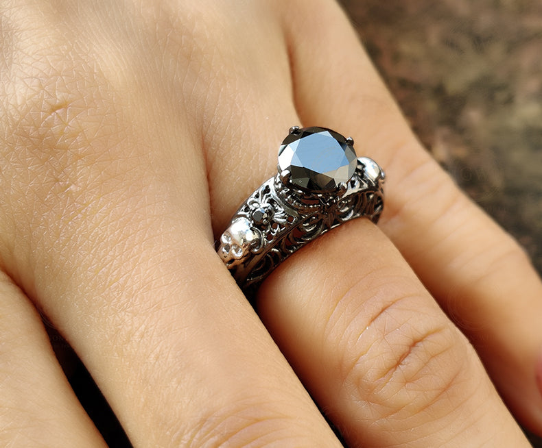 2 Ct Unique Gothic Skull Round Floral Engagement Ring