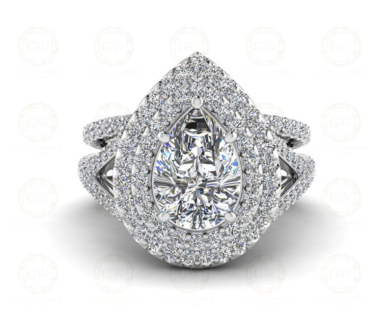 3 Ct Pear Shaped Double Halo Engagement Wedding Ring Set, Sterling Silver, Twisted Split Shank,  Matching band, Stacking ring, Gift for her - Gelson World - Premium Silver and Gold Jewelry for USA Shoppers