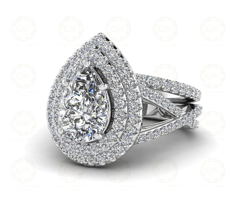 3 Ct Pear Shaped Double Halo Engagement Wedding Ring Set, Sterling Silver, Twisted Split Shank,  Matching band, Stacking ring, Gift for her - Gelson World - Premium Silver and Gold Jewelry for USA Shoppers