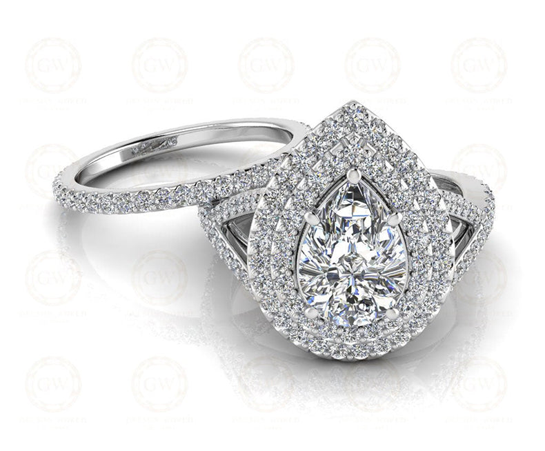 3 Ct Pear Shaped Double Halo Engagement Wedding Ring Set, Sterling Silver, Twisted Split Shank,  Matching band, Stacking ring, Gift for her - Gelson World - Premium Silver and Gold Jewelry for USA Shoppers