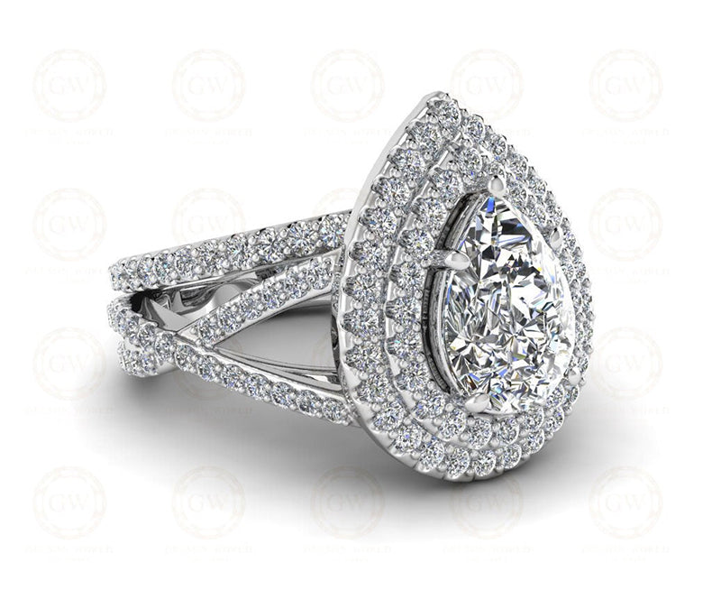 3 Ct Pear Shaped Double Halo Engagement Wedding Ring Set, Sterling Silver, Twisted Split Shank,  Matching band, Stacking ring, Gift for her - Gelson World - Premium Silver and Gold Jewelry for USA Shoppers