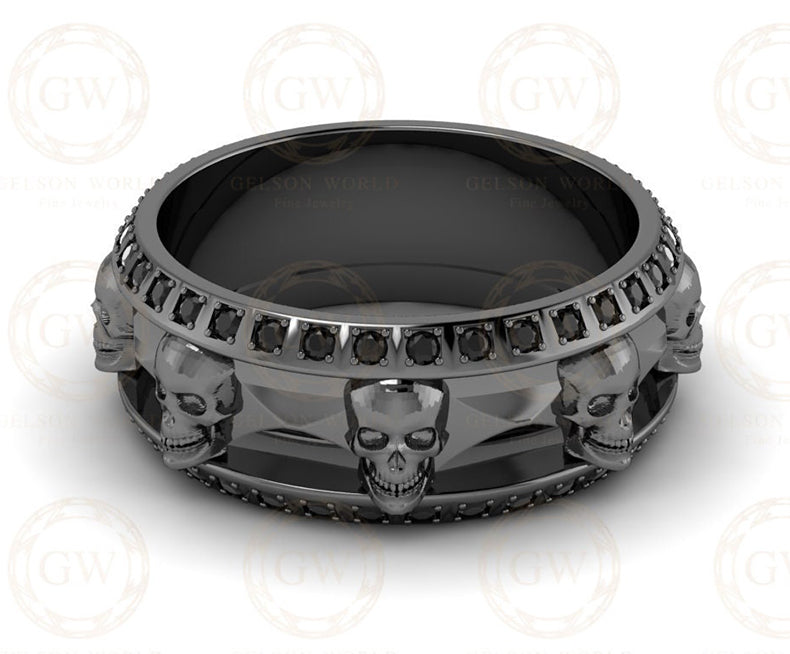 8 mm Wide Unique Men's Gothic Skull Wedding Band, Punk Style Biker Ring, Black Moissanite Diamond Silver Ring Anniversary Ring Eternity Band