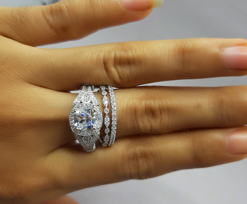 Antique Vintage Bridal Wedding Ring Set, Moissanite Diamond Engagement Ring Set For Women, 3 Piece Wedding Set, Trio Two Matching Band Set