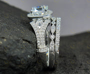 Antique Vintage Bridal Wedding Ring Set, Moissanite Diamond Engagement Ring Set For Women, 3 Piece Wedding Set, Trio Two Matching Band Set