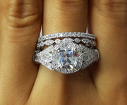 Antique Vintage Bridal Wedding Ring Set, Moissanite Diamond Engagement Ring Set For Women, 3 Piece Wedding Set, Trio Two Matching Band Set