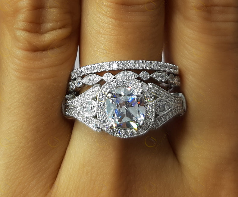 Antique Vintage Bridal Wedding Ring Set, Moissanite Diamond Engagement Ring Set For Women, 3 Piece Wedding Set, Trio Two Matching Band Set