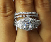 Antique Vintage Bridal Wedding Ring Set, Moissanite Diamond Engagement Ring Set For Women, 3 Piece Wedding Set, Trio Two Matching Band Set