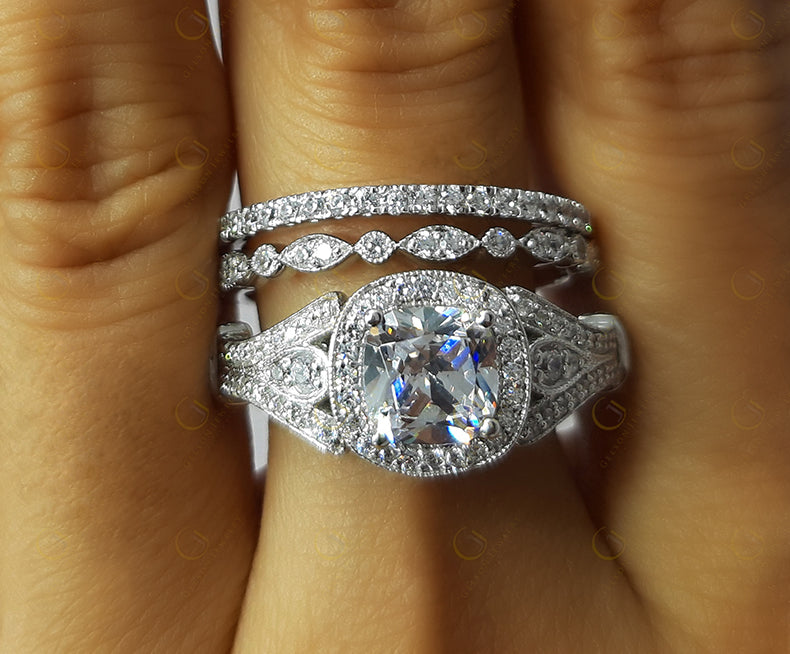 Antique Vintage Bridal Wedding Ring Set, Moissanite Diamond Engagement Ring Set For Women, 3 Piece Wedding Set, Trio Two Matching Band Set