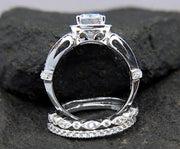 Antique Vintage Bridal Wedding Ring Set, Moissanite Diamond Engagement Ring Set For Women, 3 Piece Wedding Set, Trio Two Matching Band Set