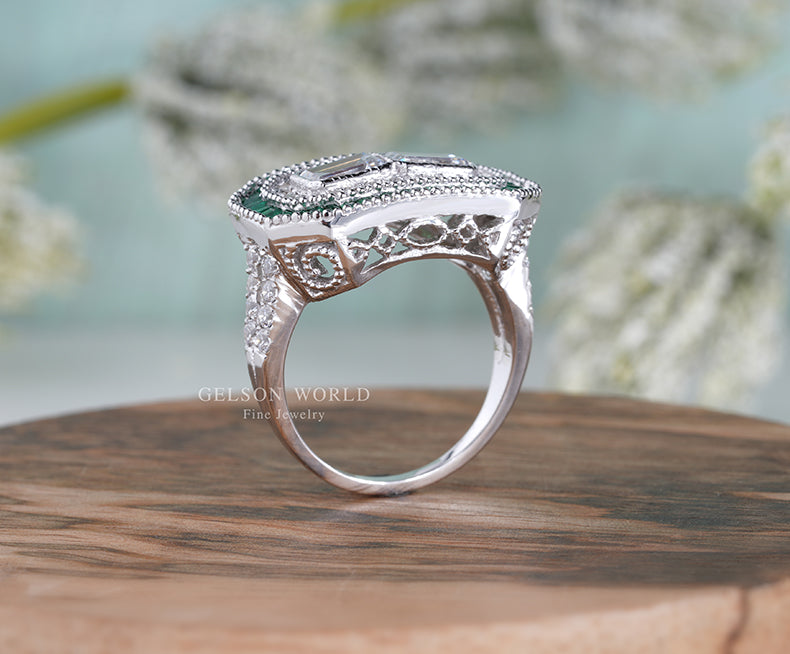 Art Deco Halo Engagement Rings, Estate Jewelry Rings, Emerald Vintage Engagement Ring, Antique Engagement Ring, Sterling Silver