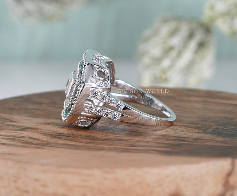 Art Deco Halo Engagement Rings, Estate Jewelry Rings, Emerald Vintage Engagement Ring, Antique Engagement Ring, Sterling Silver