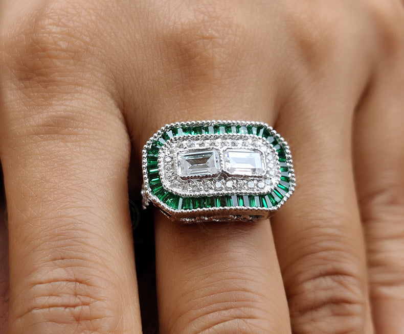 Art Deco Halo Engagement Rings, Estate Jewelry Rings, Emerald Vintage Engagement Ring, Antique Engagement Ring, Sterling Silver
