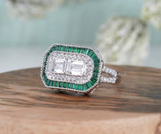 Art Deco Halo Engagement Rings, Estate Jewelry Rings, Emerald Vintage Engagement Ring, Antique Engagement Ring, Sterling Silver