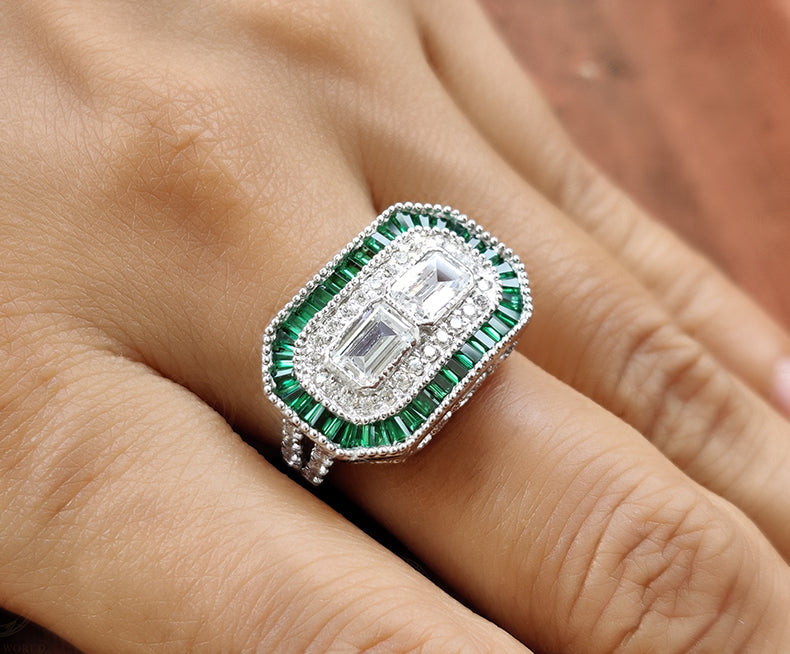 Art Deco Halo Engagement Rings, Estate Jewelry Rings, Emerald Vintage Engagement Ring, Antique Engagement Ring, Sterling Silver