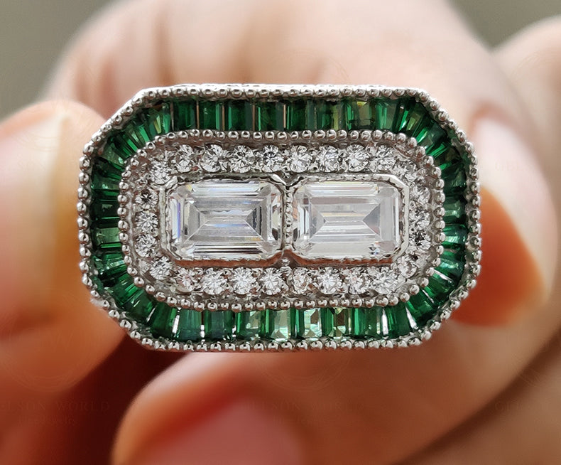 Art Deco Halo Engagement Rings, Estate Jewelry Rings, Emerald Vintage Engagement Ring, Antique Engagement Ring, Sterling Silver